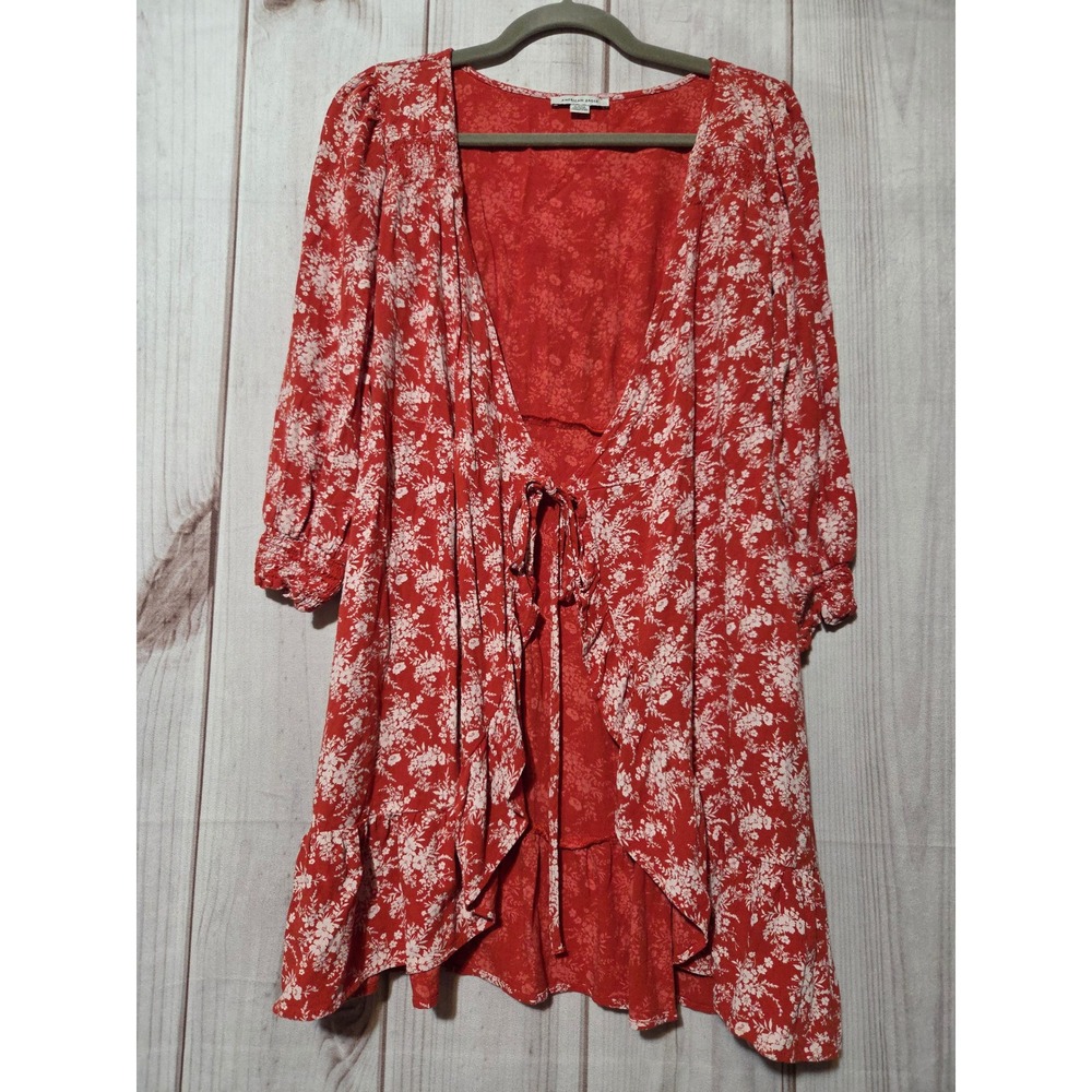 American Eagle Red Floral Tie Front Ruffle Mini Dress Small Smocked Sleeve Boho